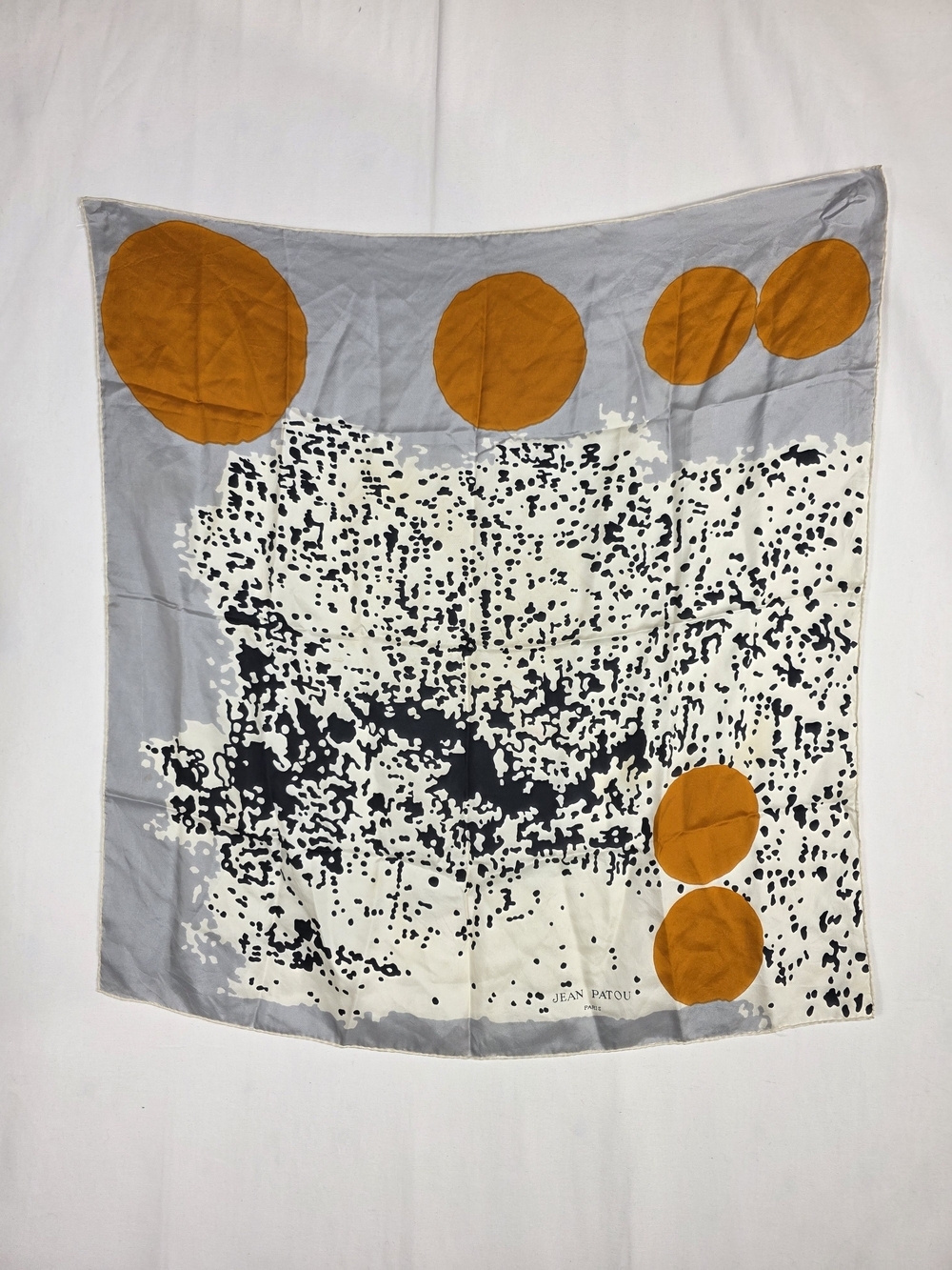 Jean Patou Handrolled hem Polka Dot abstract print Square Silk Scarf Orange &gry